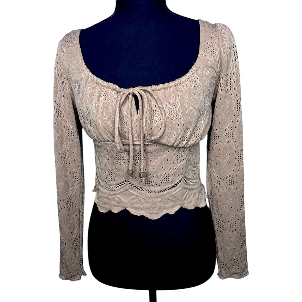 Womens Tan Milkmaid Long Sleeve Crop Top Sz S Cottagecore Peasant Ren Faire Boho